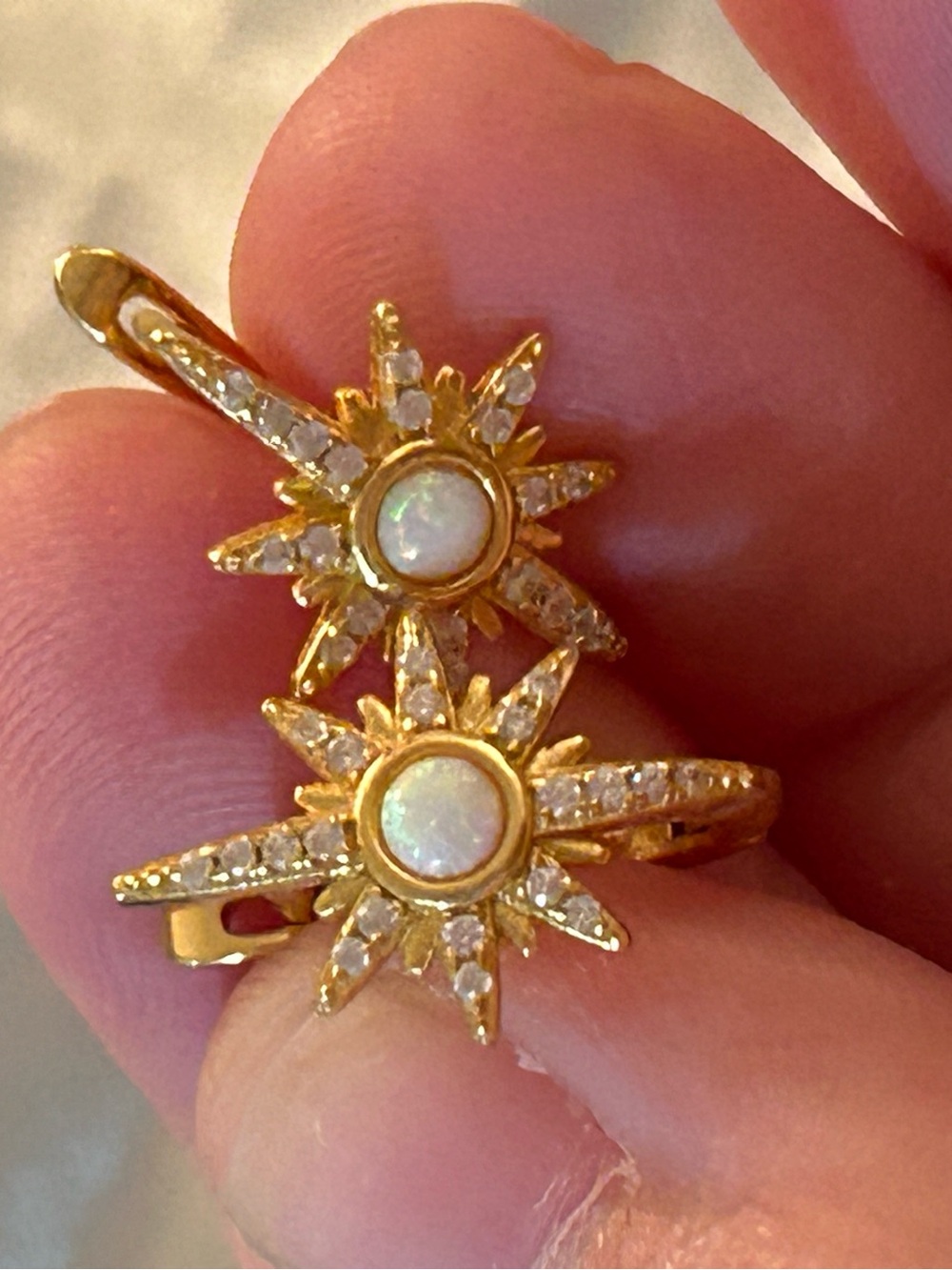 Gold over Sterling Silver Lab Opal Starburst Huggie Earrings